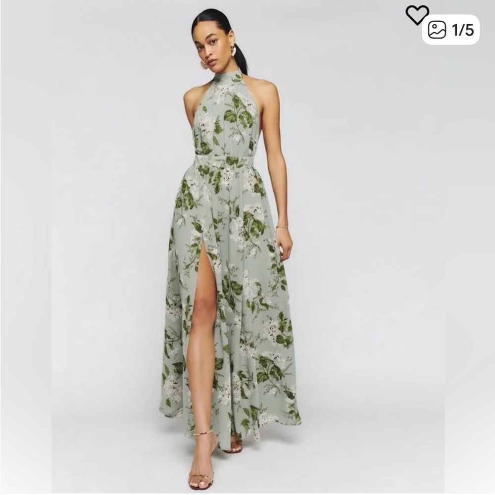 Reformation Andee Olive Floral Halter Maxi Dress